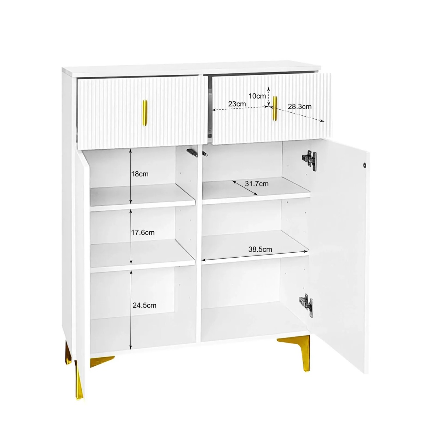 Weißer Schuhschrank Sideboard mit strukturierten Schubladen, goldenen Griffen und Beinen. Offene Türen zeigen verstellbare Regalböden.