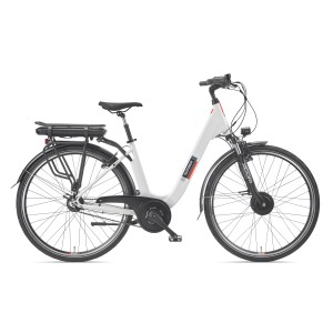 Weißes Telefunken City E-Bike 28 Zoll mit Frontmotor und 7-Gang Nabenschaltung.