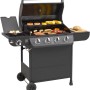 Schwarzer El Fuego Gasgrill Columbus mit 4 Brennern und Seitenbrenner, Grillgut auf dem Rost.