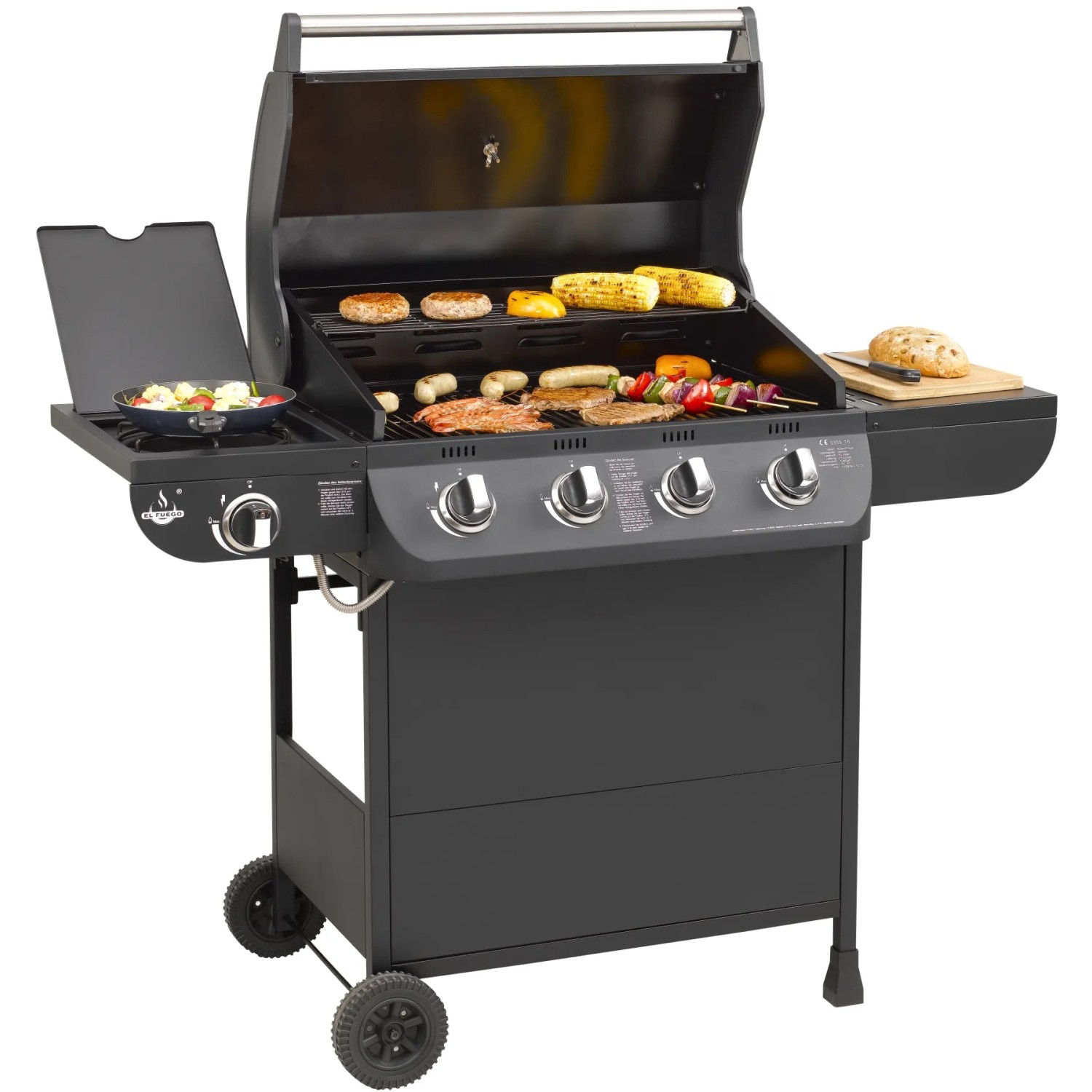 Schwarzer El Fuego Gasgrill Columbus mit 4 Brennern und Seitenbrenner, Grillgut auf dem Rost.