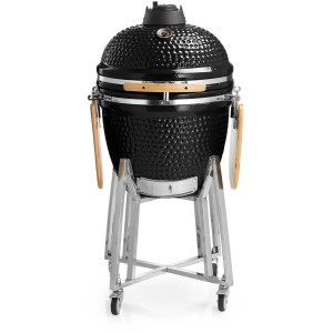 Schwarzer Buschbeck Keramik-Ofen Kamado auf Rollen mit Ablageflächen.