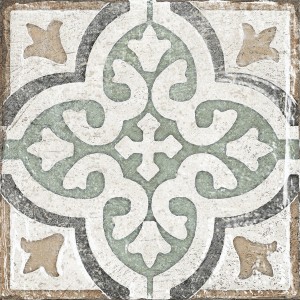 Quadratische, matte Bodenfliese aus Feinsteinzeug mit floralem Muster, 20x20 cm.