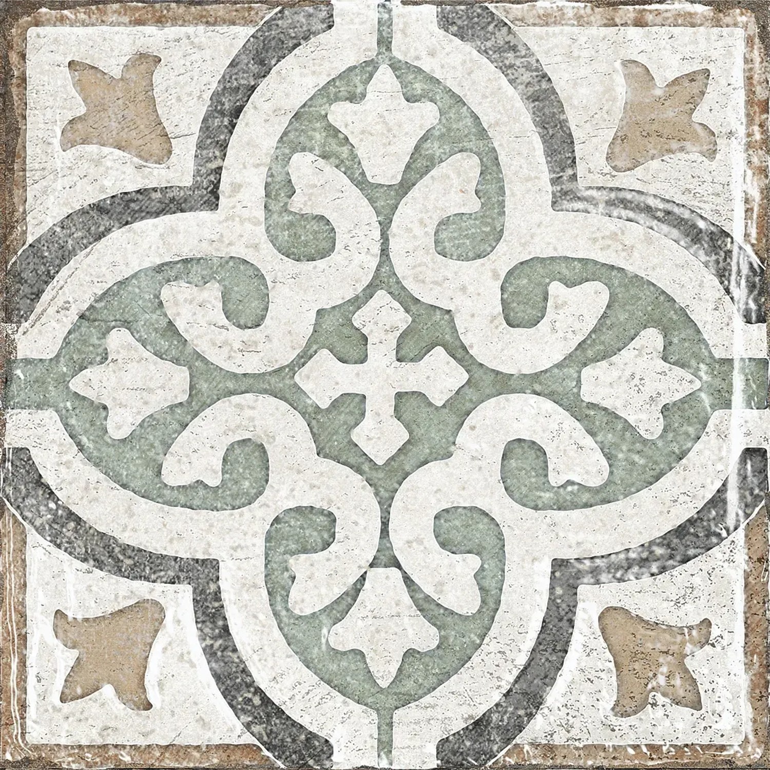 Quadratische, matte Bodenfliese aus Feinsteinzeug mit floralem Muster, 20x20 cm.