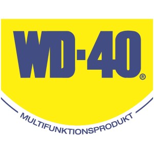 WD-40 Multifunktionsprodukt Smart Straw Logo auf gelbem Hintergrund.