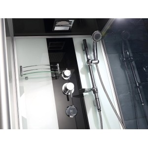 Moderner Duschbereich der Duschbadewanne Daria in Grau-Weiß mit Chromarmaturen und Glasablage.