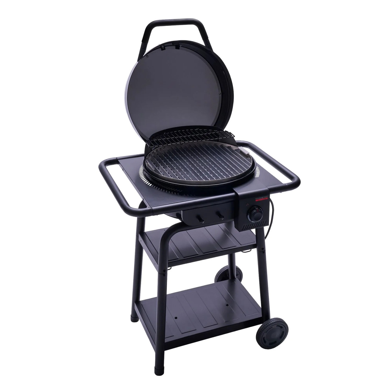 Schwarzer Char-Broil Elektrogrill Patio Bistro E2Coal mit Ablageflächen und Thermometer.