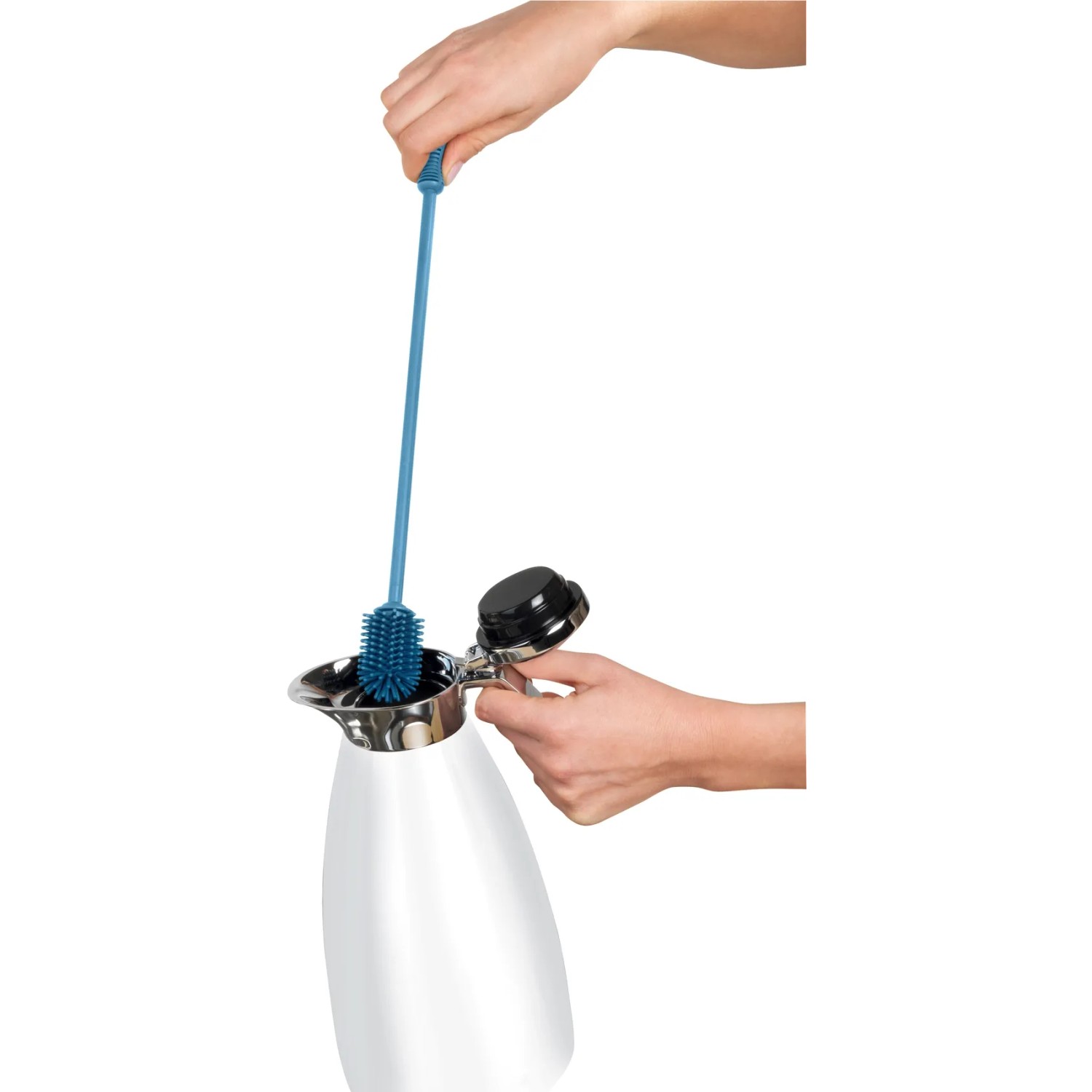 Wenko Silikon Flaschenbürste in Blau reinigt eine Thermoskanne. Küchenhelfer für Flaschen.