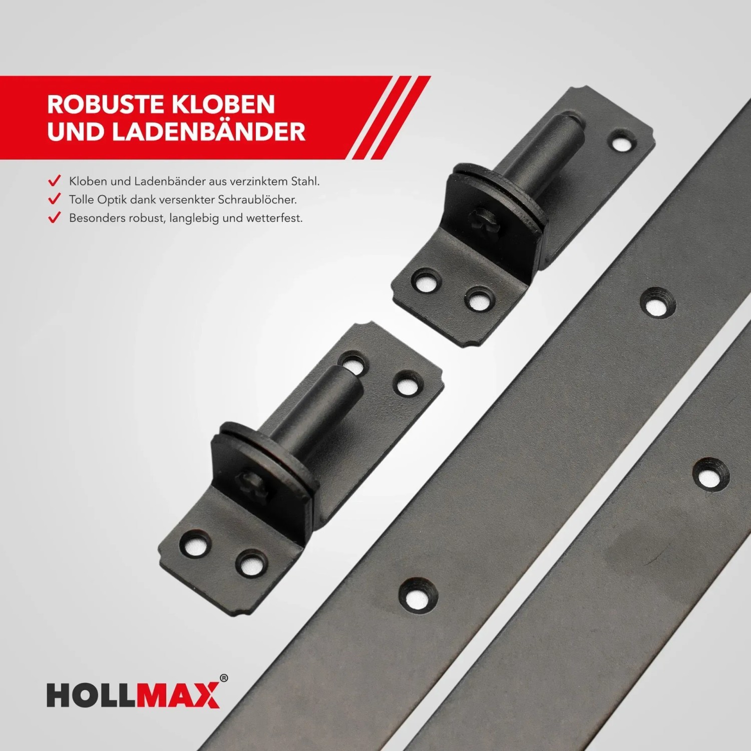 Hollmax Beschlagset, pulverbeschichtet, schwarz, für Gartentore, bestehend aus Kloben und Ladenbändern.