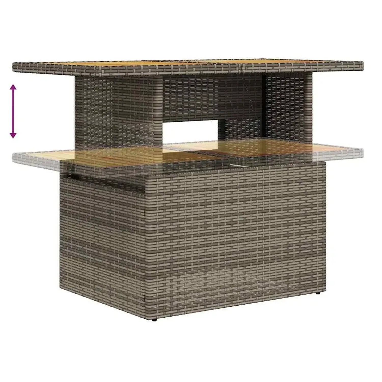 Verstellbarer Gartentisch aus grauem Polyrattan, Teil der vidaXL 7-tlg. Garten-Sofagarnitur.