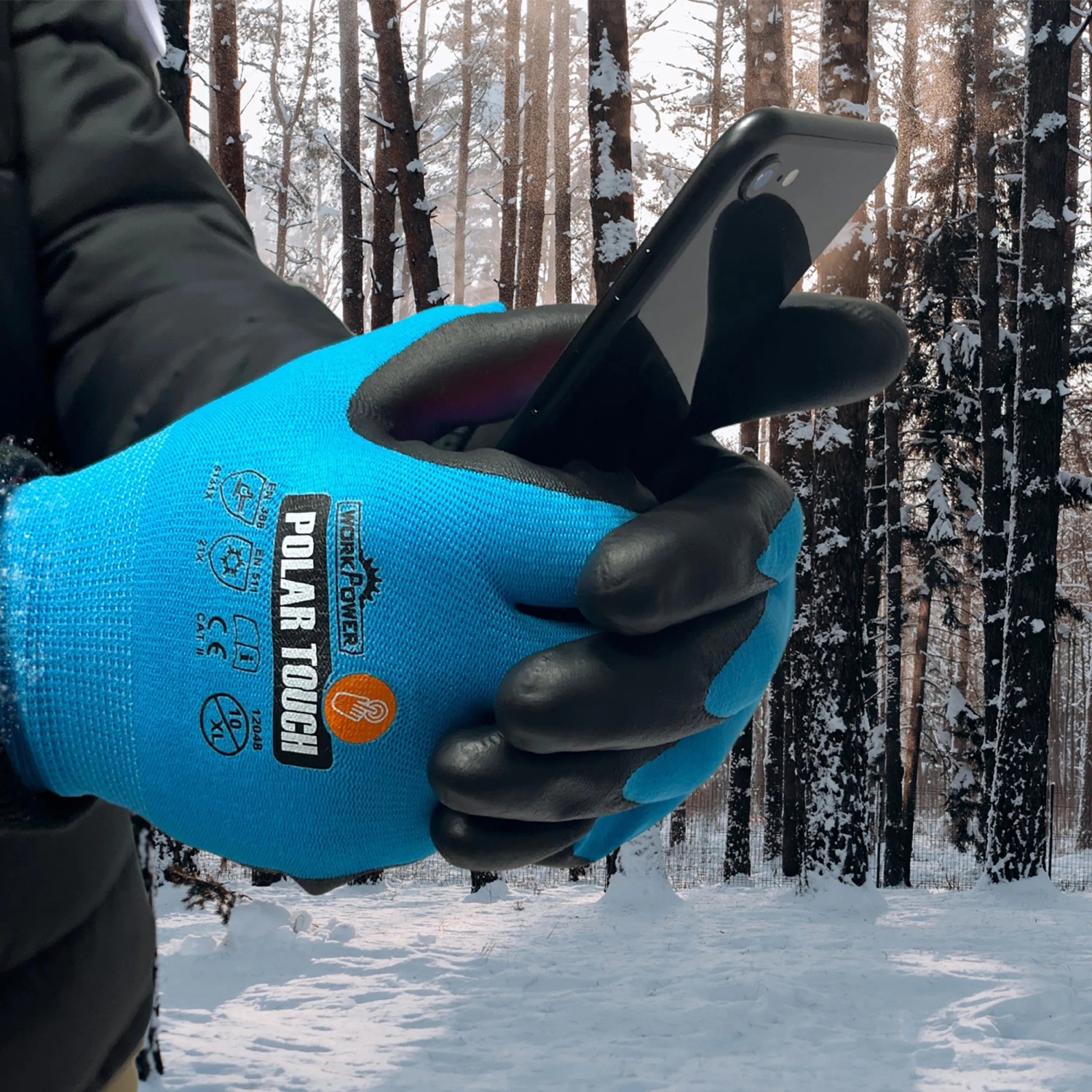 Blau-anthrazitfarbener Workpower Winterhandschuh Polar Touch Gr. 9 mit Touchscreen-Funktion.