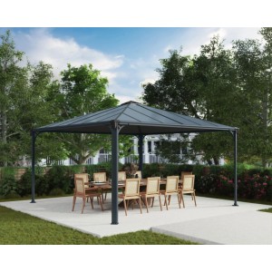 Canopia Gartenpavillon Palermo 4.3 x 4.3 in Anthrazit mit Tisch und Stühlen.