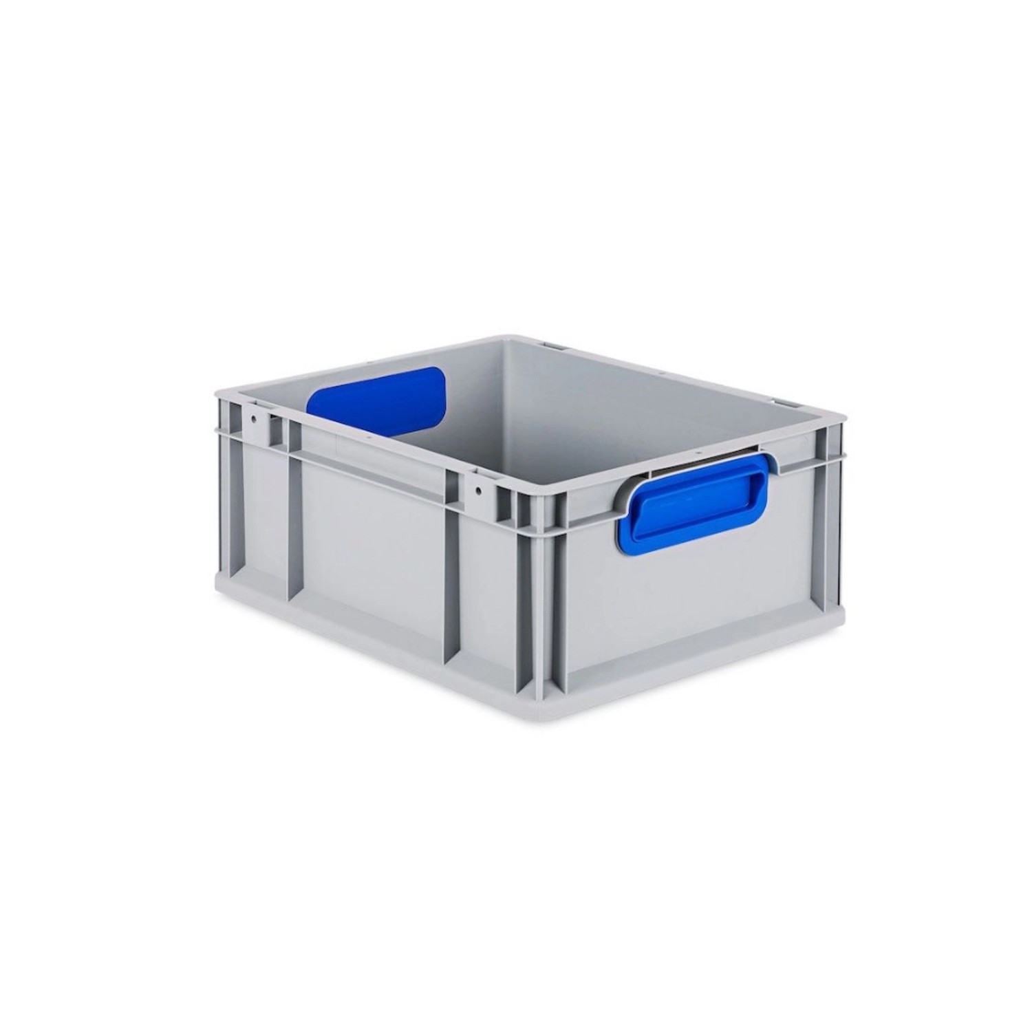 Graue PROREGAL Eurobox mit blauem Scharnierdeckel und Griffen, 17x30x40 cm. Aufbewahrungsbox für Industrie und Gewerbe.