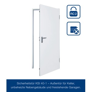 Geöffnete, weiße KSI 40 Sicherheitstür mit Rahmen und silbernem Griff. Stahltür für den Keller.