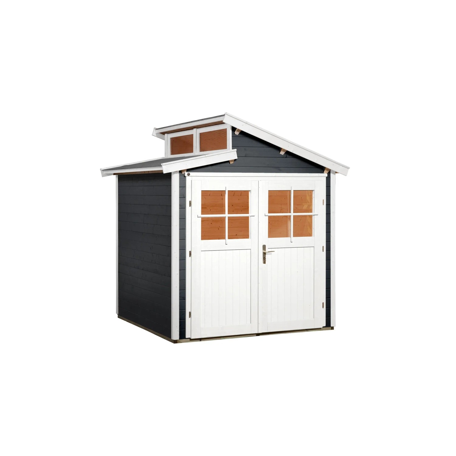 Anthrazitfarbenes Weka Holz-Gartenhaus mit Pultdach und lasierter Oberfläche. Das Gartenhaus hat weiße Doppeltüren.