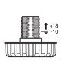 Diagramm eines verstellbaren Möbelfußes mit Gewinde. Zeigt Einstellbereich von -10 bis +18 mm für Sockelfüße.