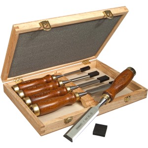 Stanley Bailey Stechbeitel Set, 5-teilig im Holzkasten. Stecheisen mit Holzgriffen und Klingenschutz.