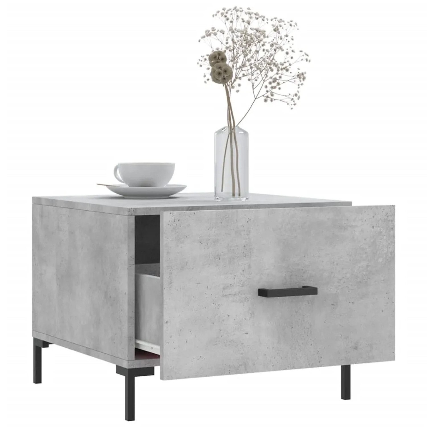 2er Set Couchtische in Betongrau (50x50x40 cm) mit Schublade und Eisenbeinen.