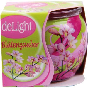HS Candle Duftkerze Blütenzauber 6er-Pack im Glas mit floralem Dekor.