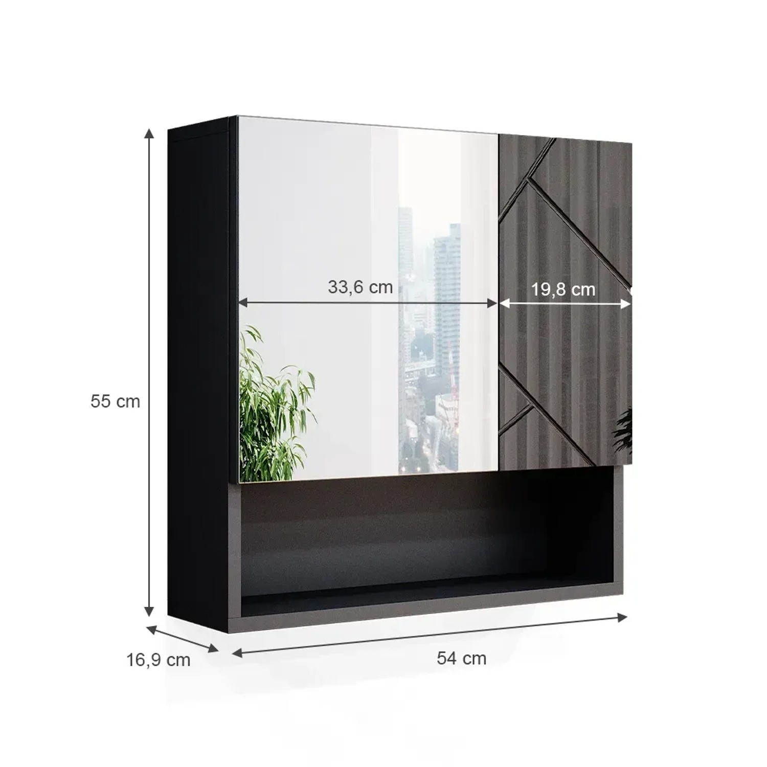 Vicco Badspiegelschrank Irma, anthrazit hochglanz, 54x55 cm, mit offenem Fach. Badmöbel zur Wandmontage.