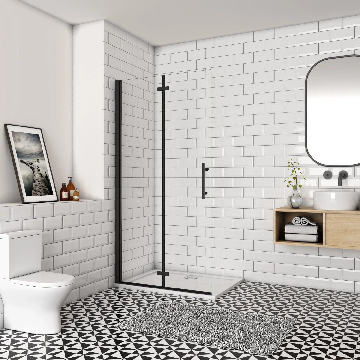 Schwarze AICA Walk-In Duschabtrennung mit Falttür, 120x185cm, in Badezimmer-Szene.