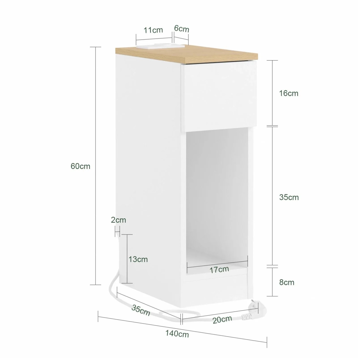 Schmaler weißer Nachttisch SoBuy mit heller Holzplatte, Schublade, offenem Fach, Ladestation und Sockelleisten-Design. 20x60x35cm.