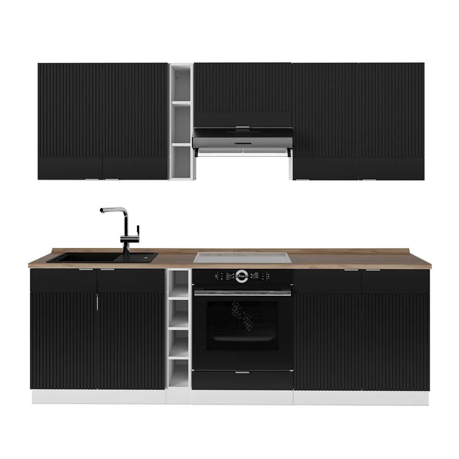 Vicco Fame-Line Küchenzeile Schwarz Gestreift Weiß 235 cm AP Eiche ohne E-Geräte