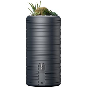 Garantia Regenwasserbehälter Nordic 2in1, 300 l, Graphitgrau, mit Pflanzschale und Wasserhahn.