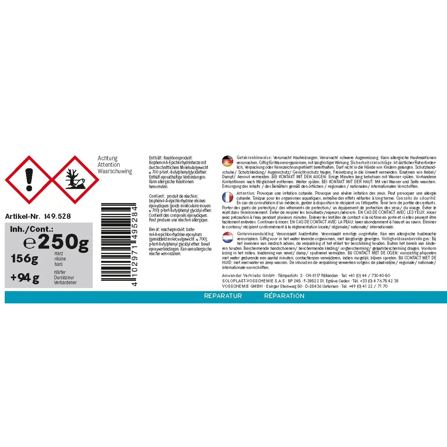 Etikett einer 250g Reparaturmasse mit Warnhinweisen und Inhaltsangabe.
