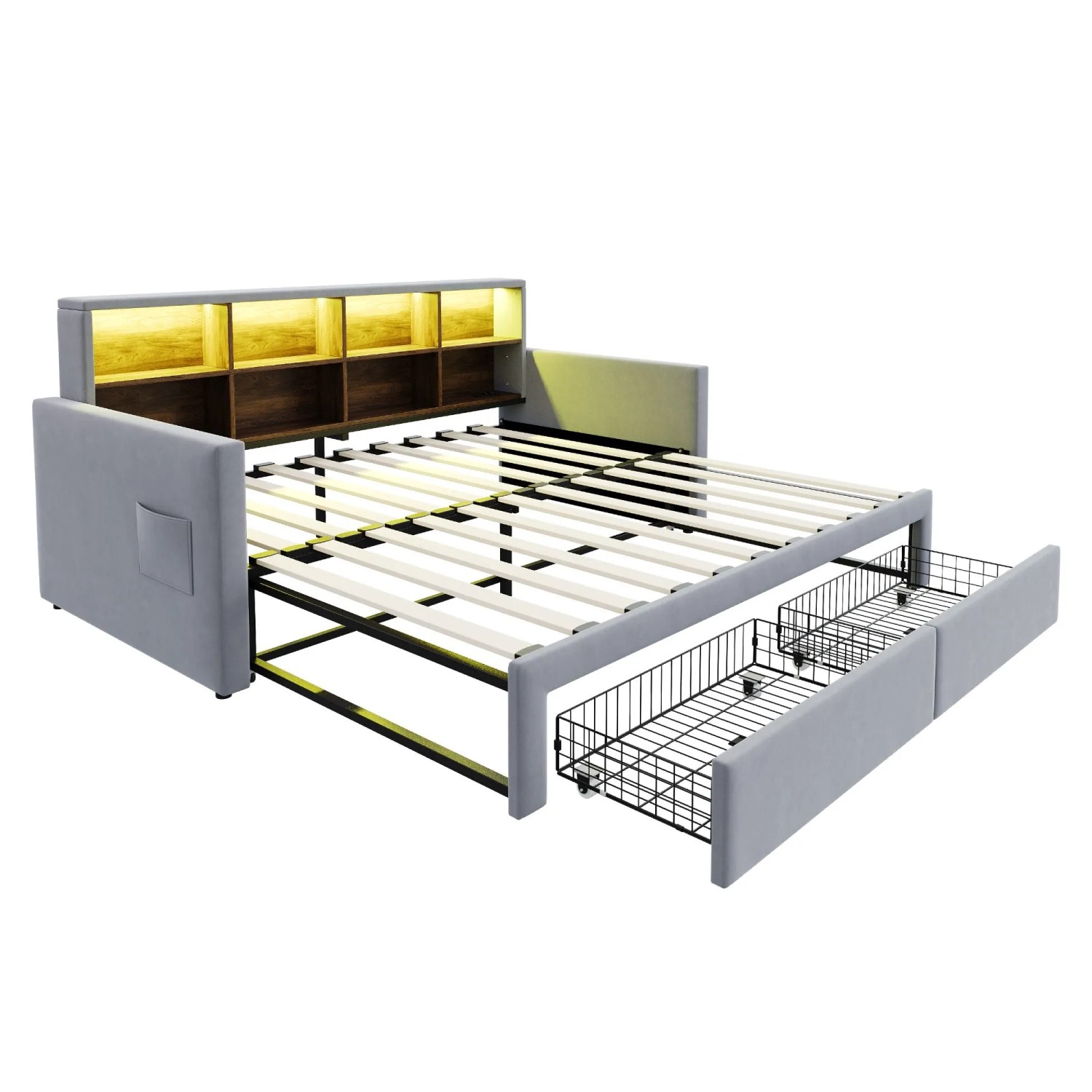 Merax Schlafsofa 90/180x190cm LED Stauraum Schubladen Hellgrau