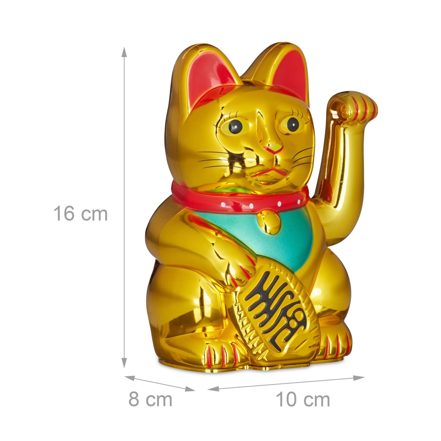 Goldene Maneki Neko Winkekatze aus Kunststoff, 16 cm, batteriebetrieben. Dekorative Glücksfigur.