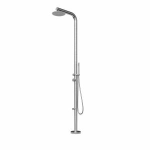 Eclipse Designer Gartendusche HAWAII aus gebürstetem Edelstahl mit Hand- und Kopfbrause, sowie Warm- und Kaltwasseranschluss.
