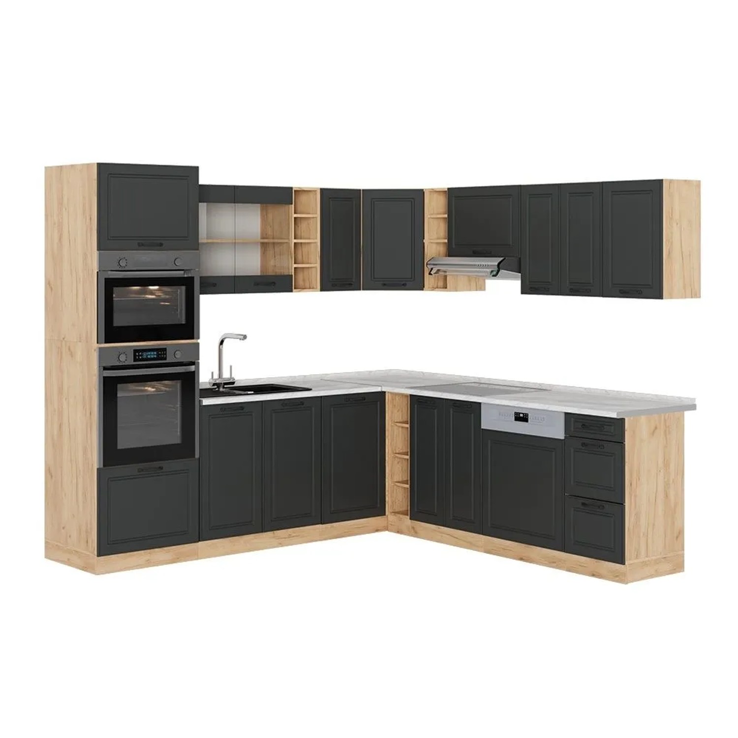Vicco Eckküche R-Line Anthrazit Landhaus/Goldkraft Eiche 247 x 82, AP Marmor