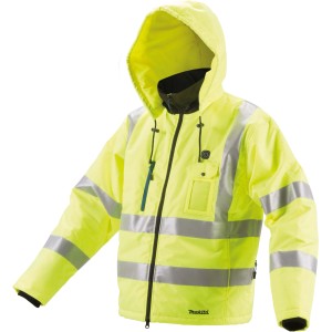 Gelbe Makita Akku-Thermojacke DCJ206ZS Gr. S für Arbeitskleidung mit Reflektoren und Kapuze.