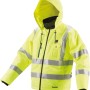 Gelbe Makita Akku-Thermojacke DCJ206ZS Gr. S für Arbeitskleidung mit Reflektoren und Kapuze.