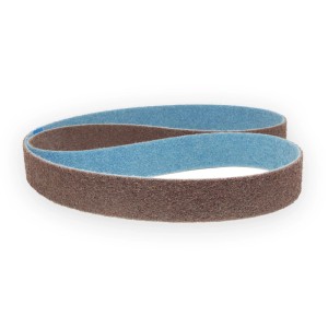Braunes Vlies Schleifband mit hellblauer Rückseite, 50x1020 mm, fein bis ultra fein, für Bandschleifer Zubehör.