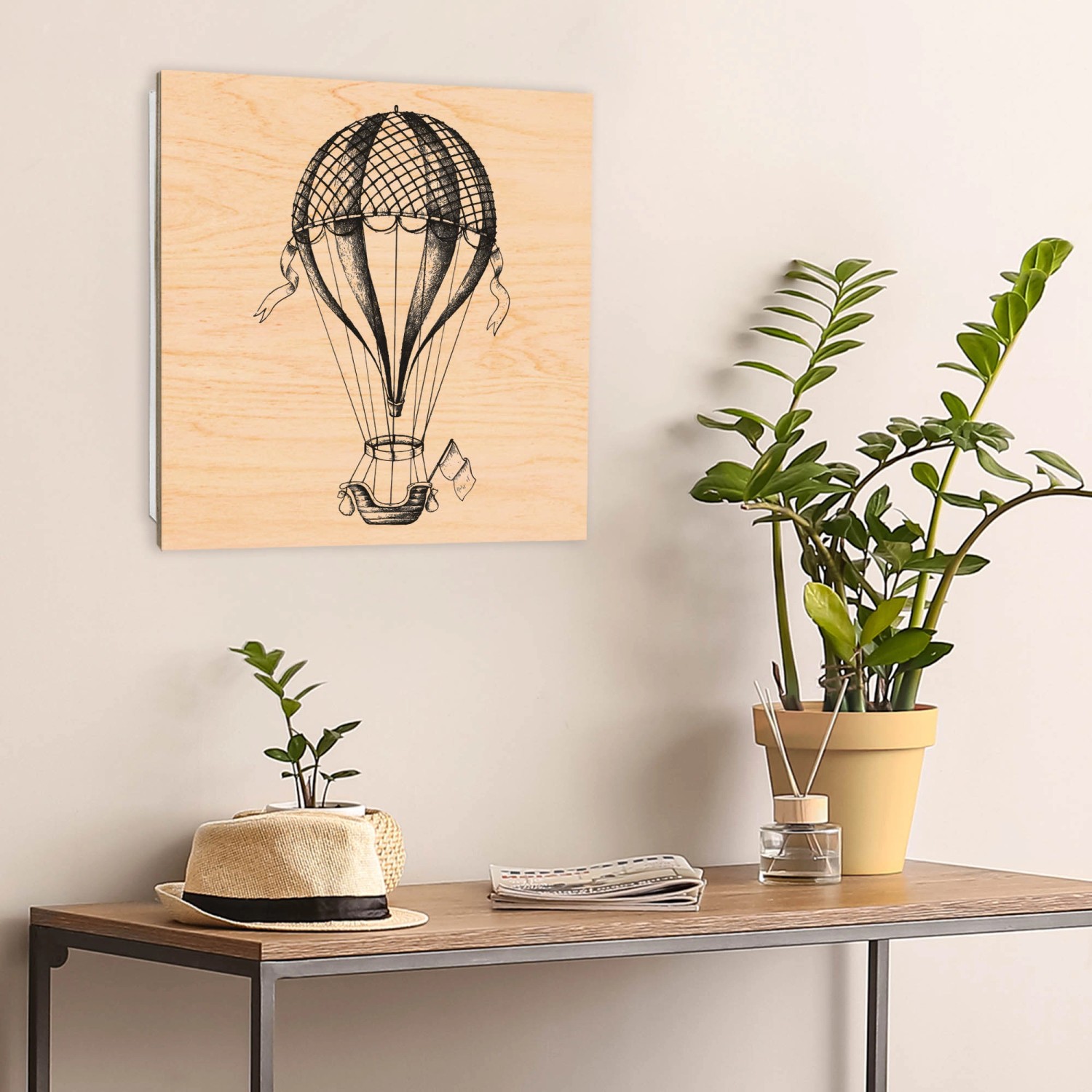 Banjado Schlüsselbox aus Holz, 30x30cm, mit Retro Heißluftballon Motiv und 50 Haken.