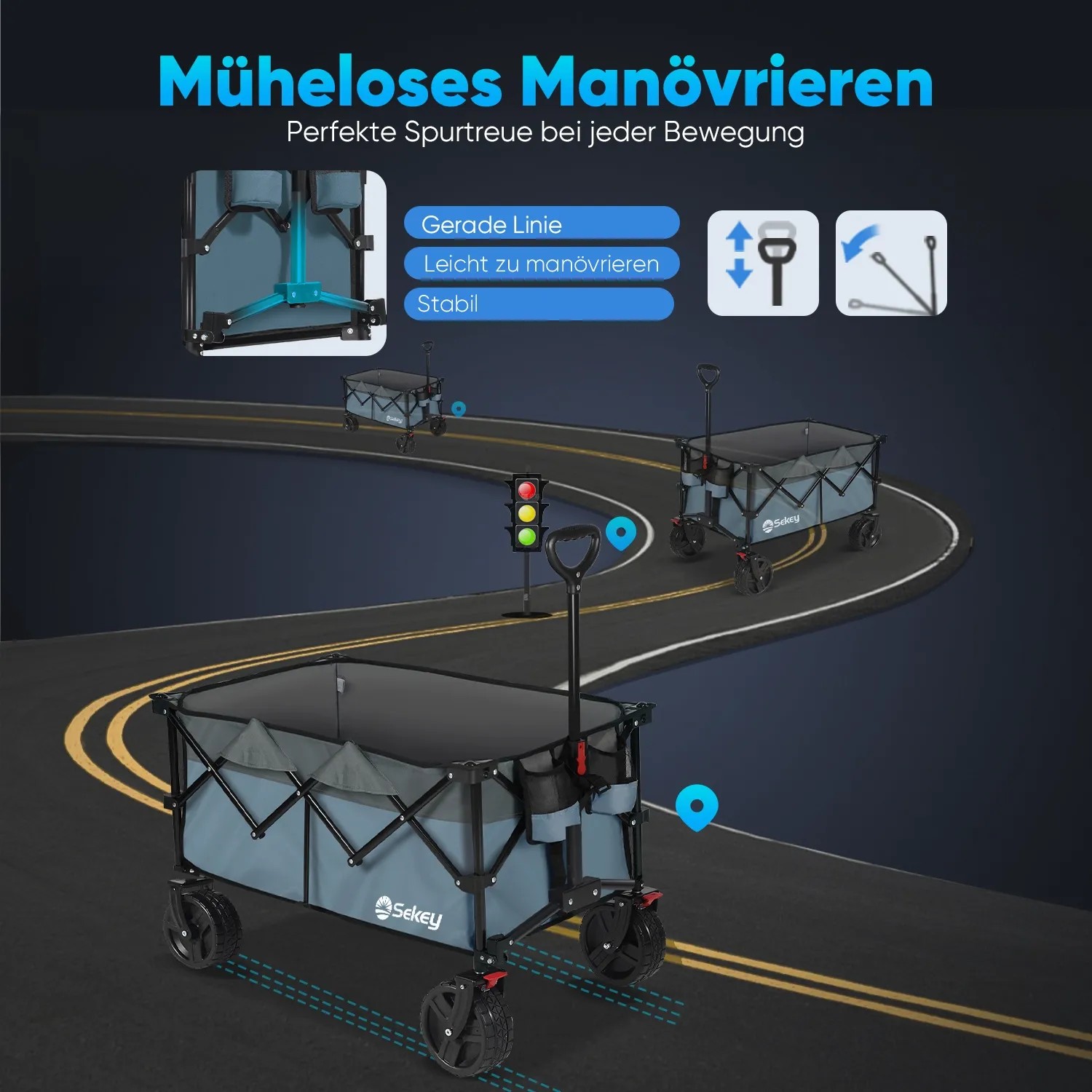 Blauer Sekey XXL Bollerwagen mit breiten Rädern und Bremse auf einer Straße dargestellt.