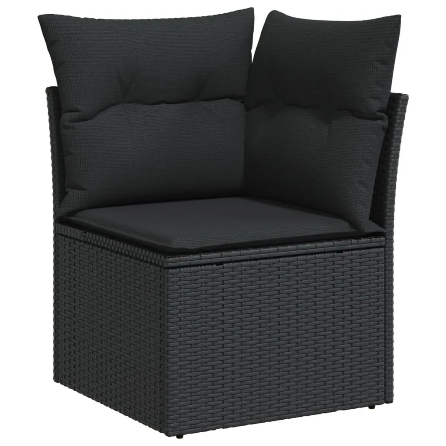 Schwarzes Ecksofa aus Rattan mit Kissen, Teil der vidaXL Garten-Sofagarnitur.