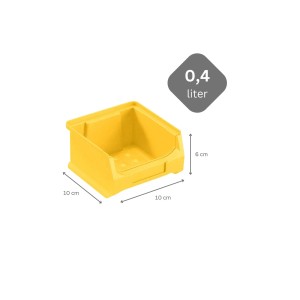 Gelbe PROREGAL Sichtlagerbox 1.0, 0,4 Liter, 10x10x6 cm, für Aufbewahrungssysteme.