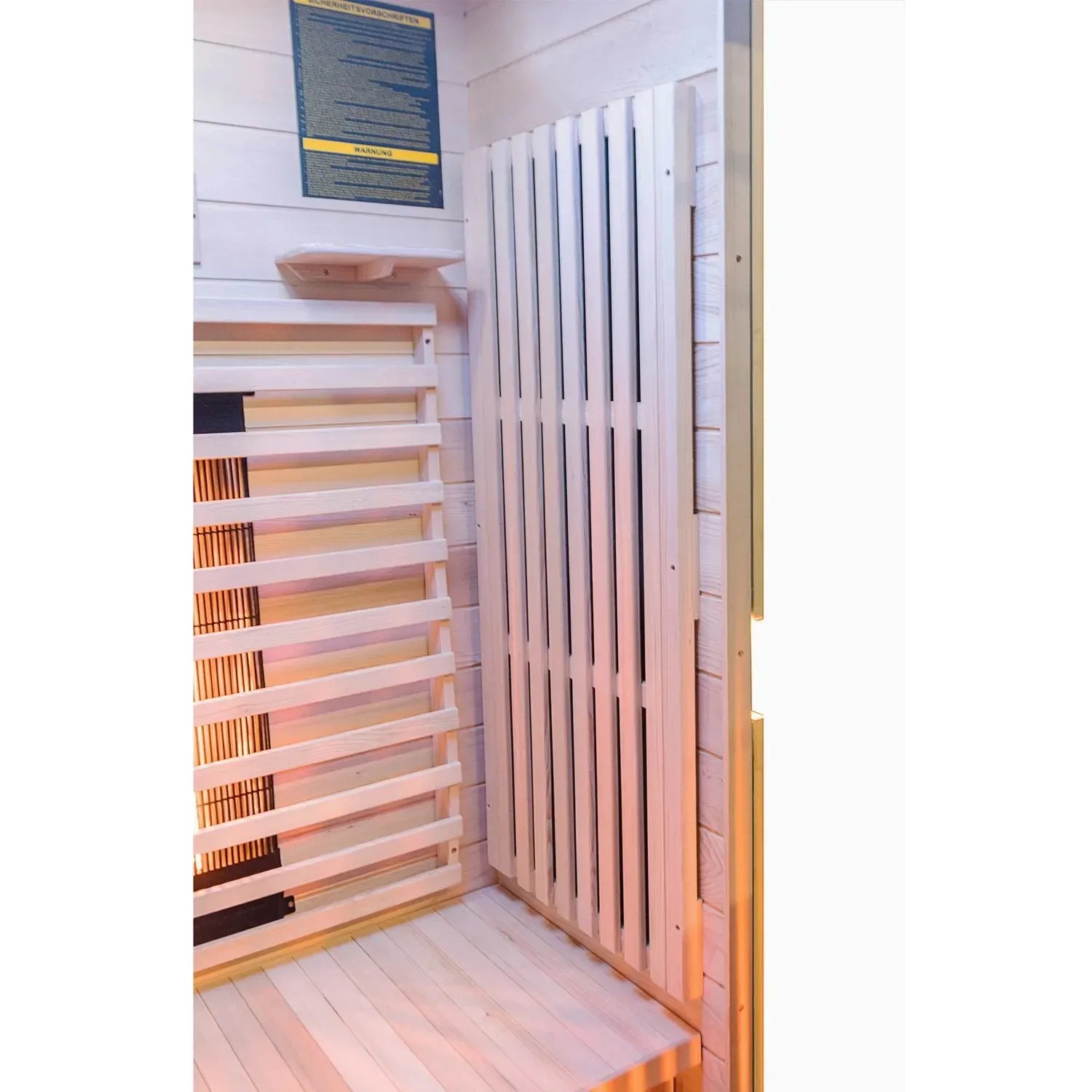 Innenansicht der Dewello Infrarotkabine Kingston mit Vollspektrumstrahler und Sitzbank aus Hemlock Tannenholz.