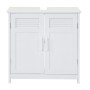 Weißer MCW Waschbeckenunterschrank aus MDF mit zwei Türen, Lamellen und Aussparung. Modernes Badmöbel.