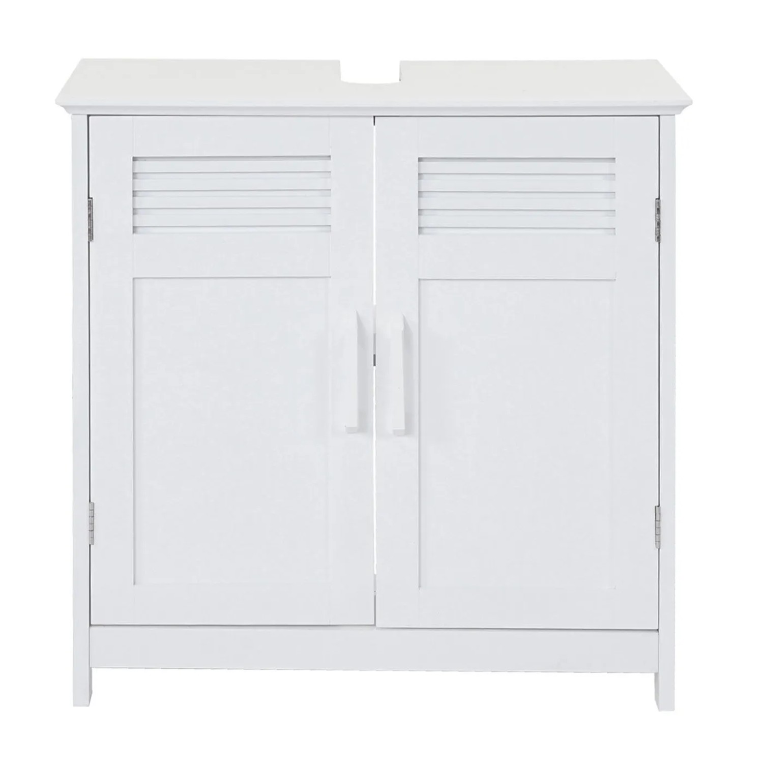 Weißer MCW Waschbeckenunterschrank aus MDF mit zwei Türen, Lamellen und Aussparung. Modernes Badmöbel.