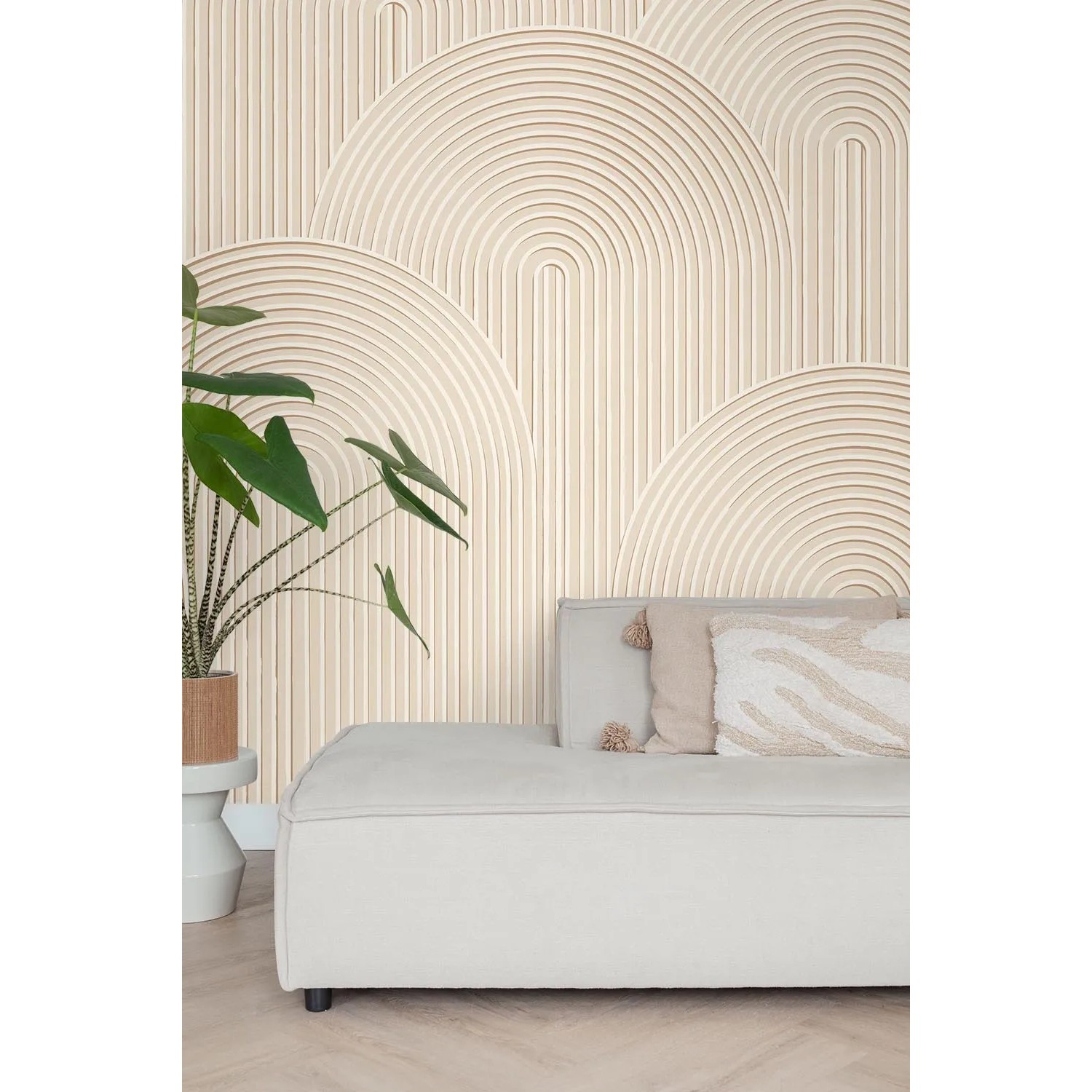 ESTAhome Fototapete mit 3D Muster in Hellbeige, Halbkreise und Linien.