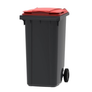 PROREGAL Mülltonne 240L, grau mit rotem Deckel. Rollbarer Müllgroßbehälter für Haus und Garten.