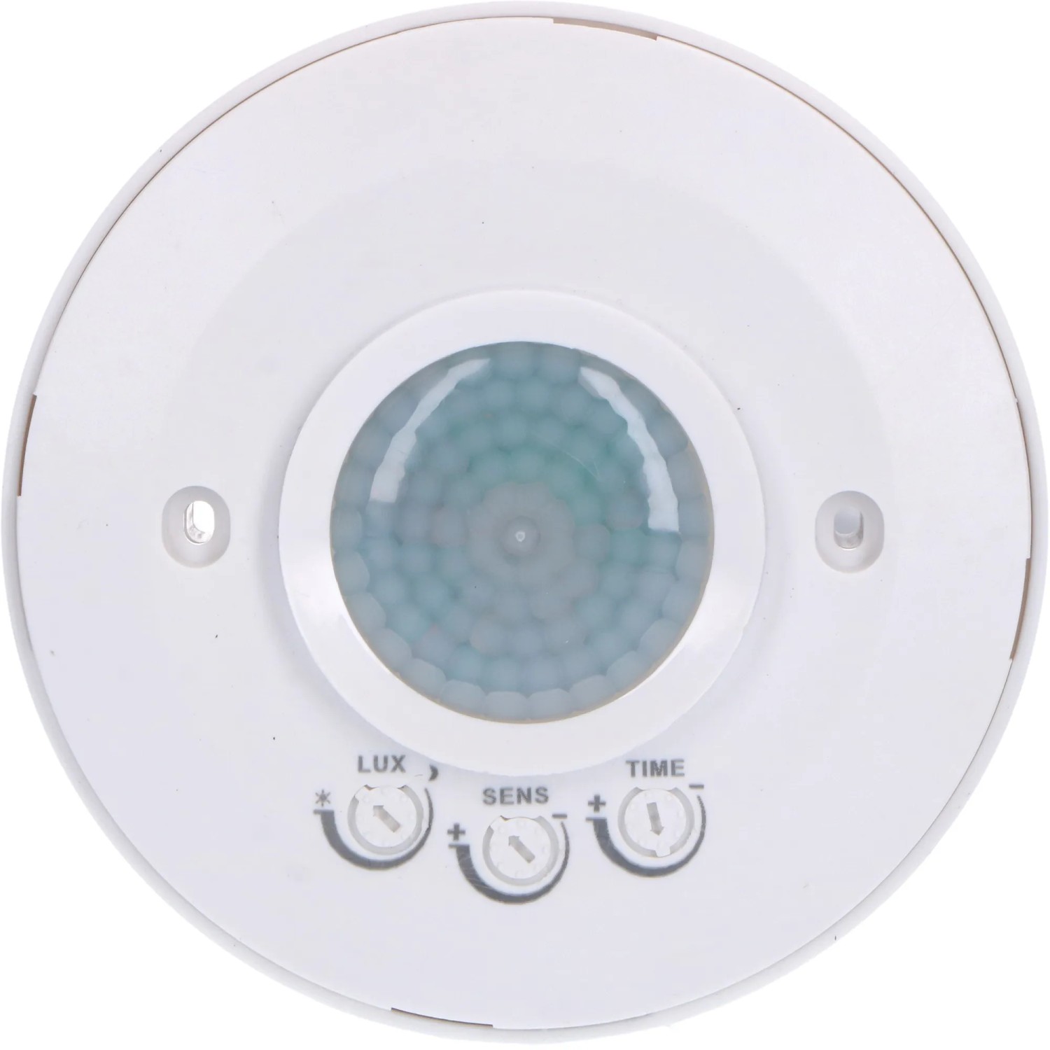 Weißer LED Deckensensor mit PIR und 360° Erfassungswinkel für Deckenmontage.