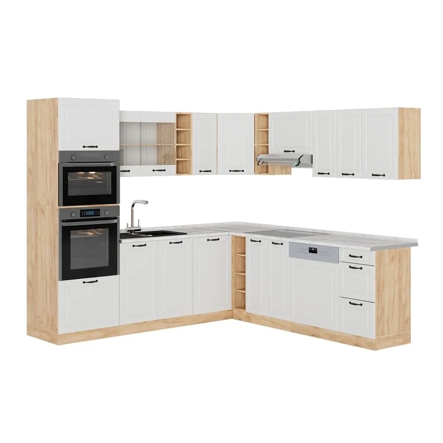 Vicco Eckküche R-Line Weiß Landhaus/Goldkraft Eiche 247 x 82, AP Marmor