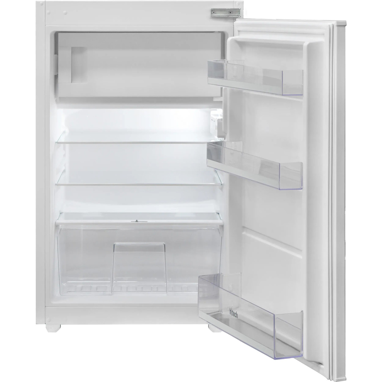 Innenansicht: Weißer Einbau-Kühlschrank mit Glasböden und offener Tür. Teil der Flex-Well Exclusiv Küchenzeile.