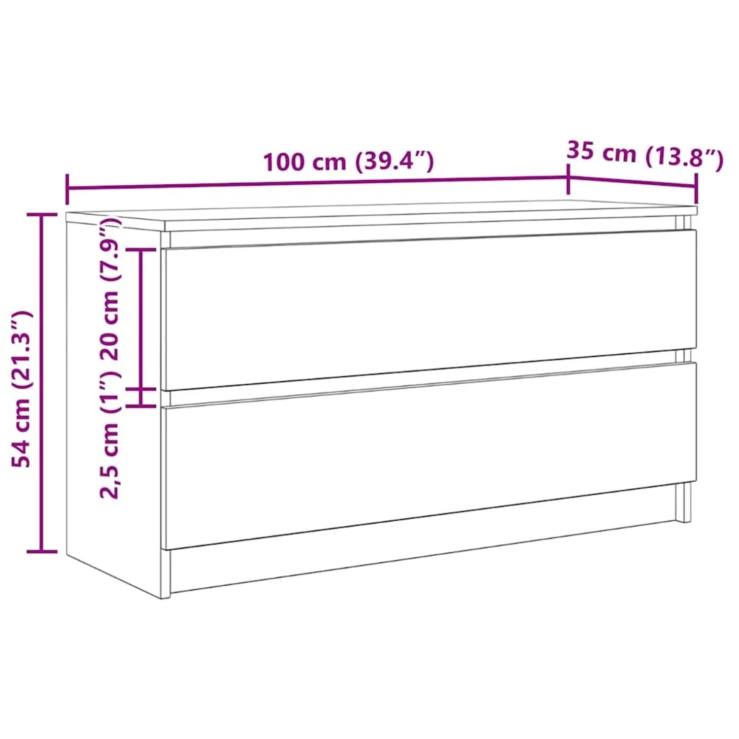 vidaXL TV-Schrank Artisan-Eiche, 100x35x54 cm, Holzwerkstoff mit Schubladen und Maßangaben.