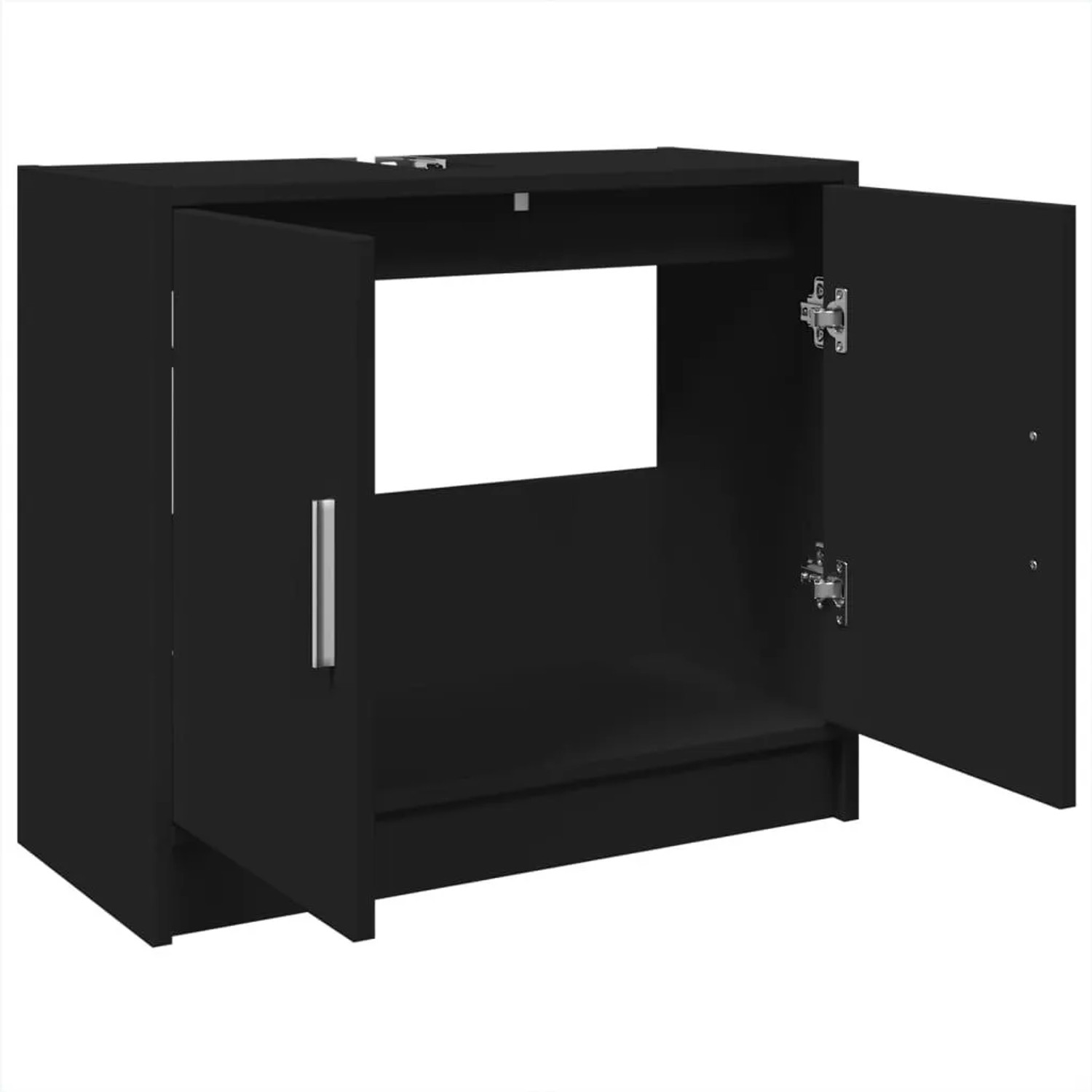 Schwarzer Waschbeckenunterschrank (63x29x55 cm) aus Holzwerkstoff mit offenen Türen.