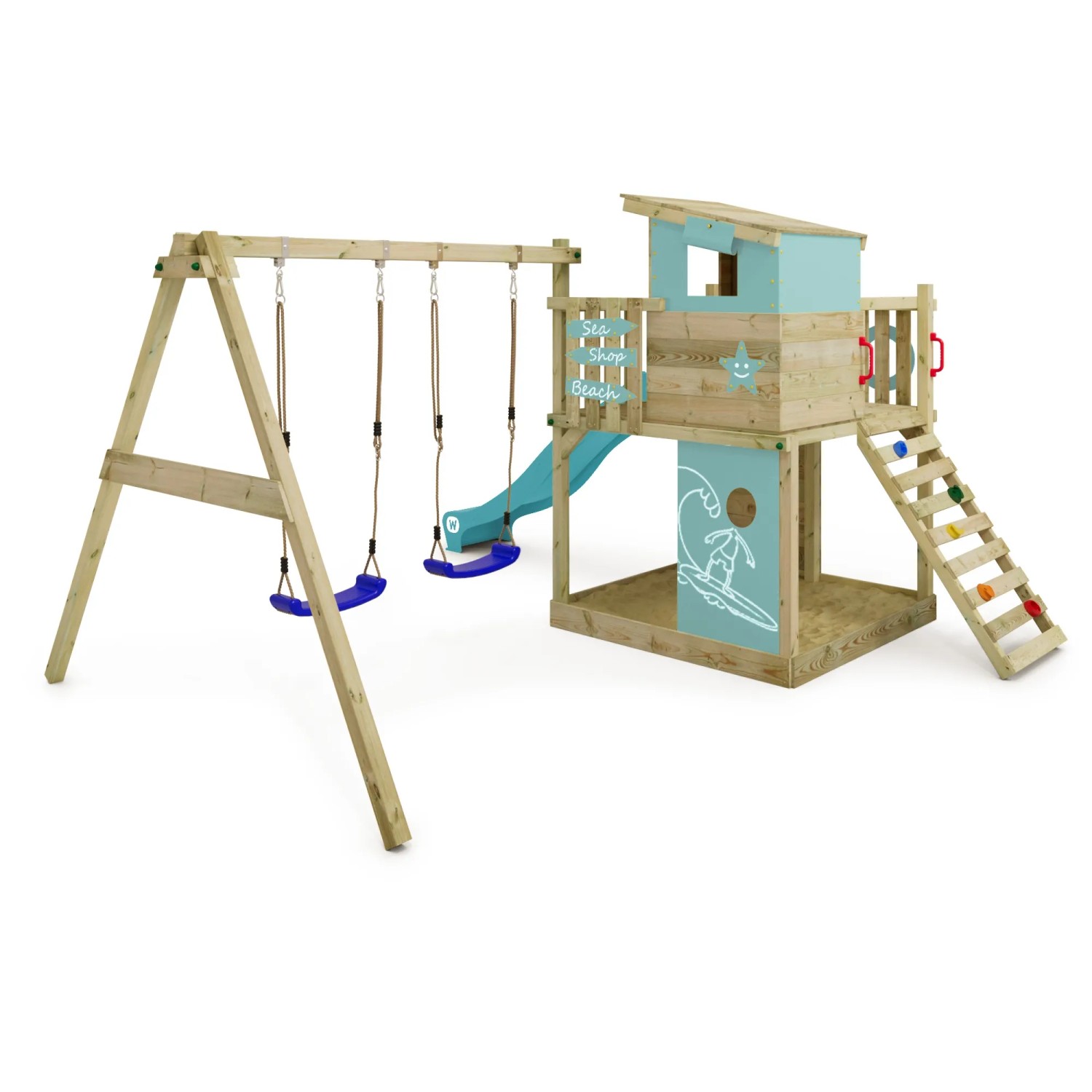 Wickey Spielturm Smart Camp mit Schaukel, Rutsche und Kletterwand in Pastellblau.